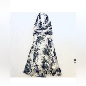 Tadashi silk halter dress Women’s 12 black white midi floral cocktail pleated.